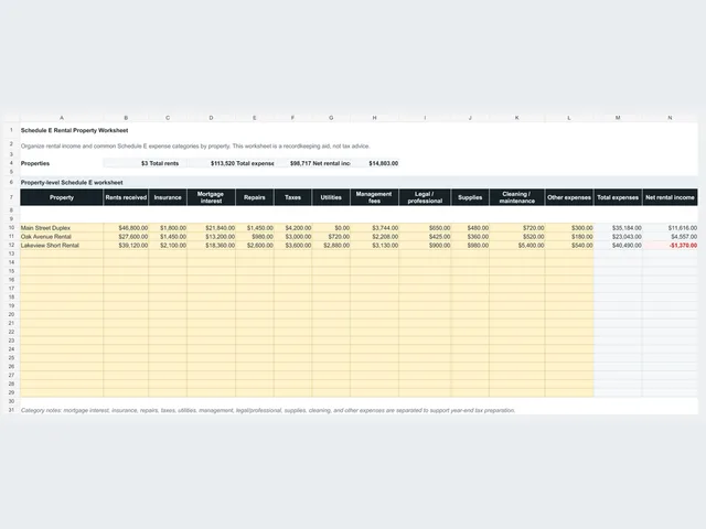 Schedule E Rental Property Worksheet